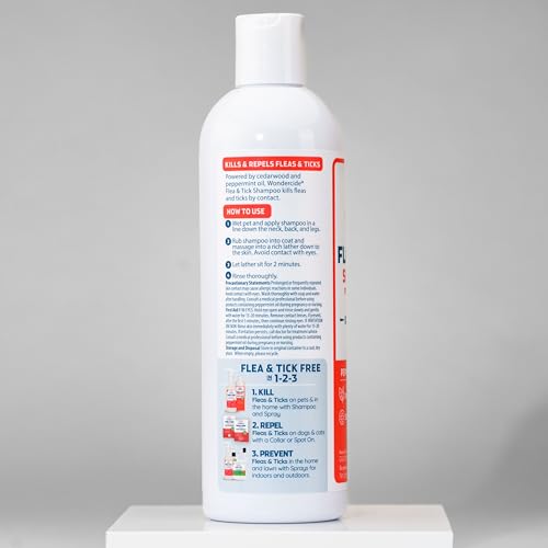 Wondercide flea-tick shampoo label cedarwood peppermint emphasizes natural essential oils for soothing relief.