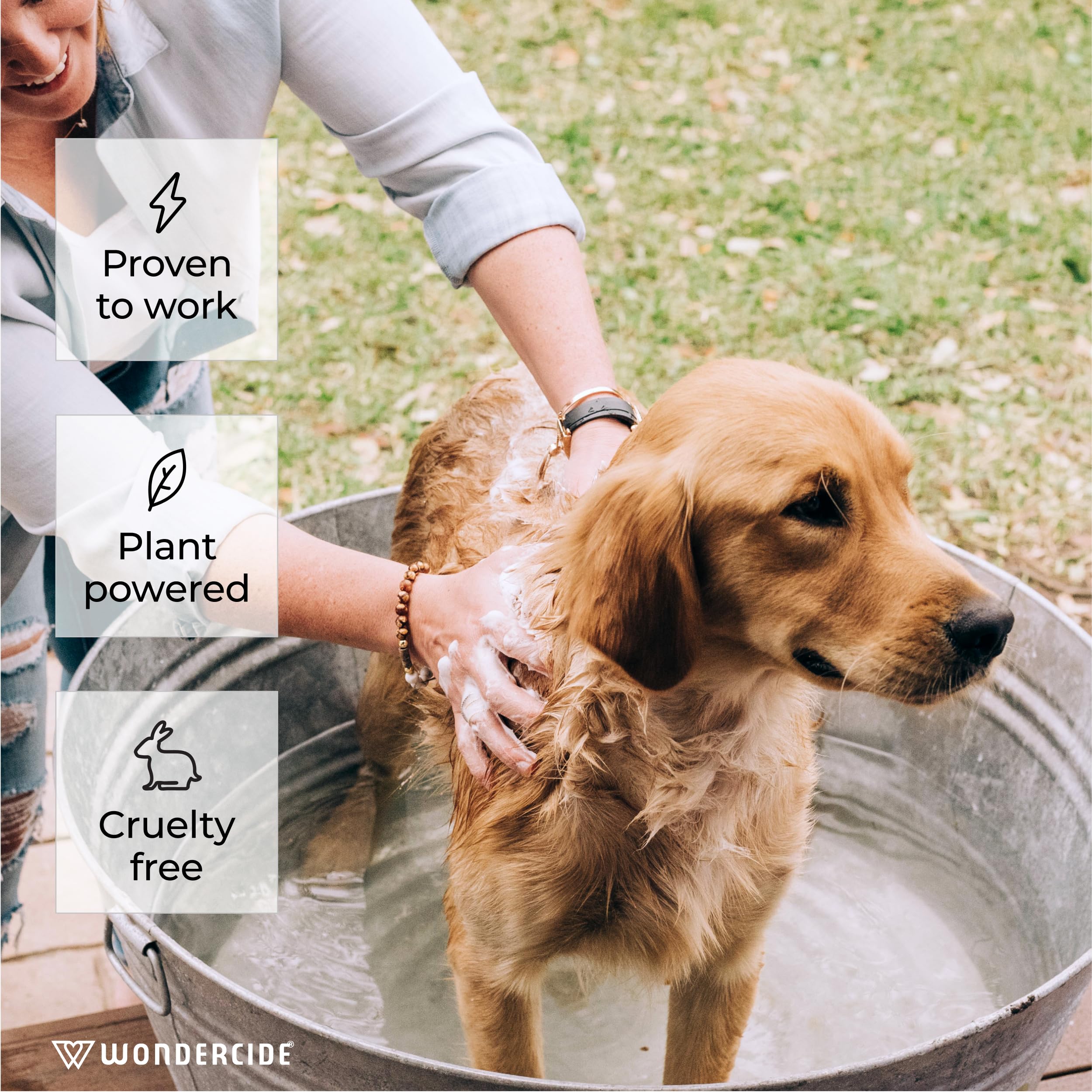 Wondercide flea-tick shampoo pet bath closeup captures pest control and bath-time comfort.