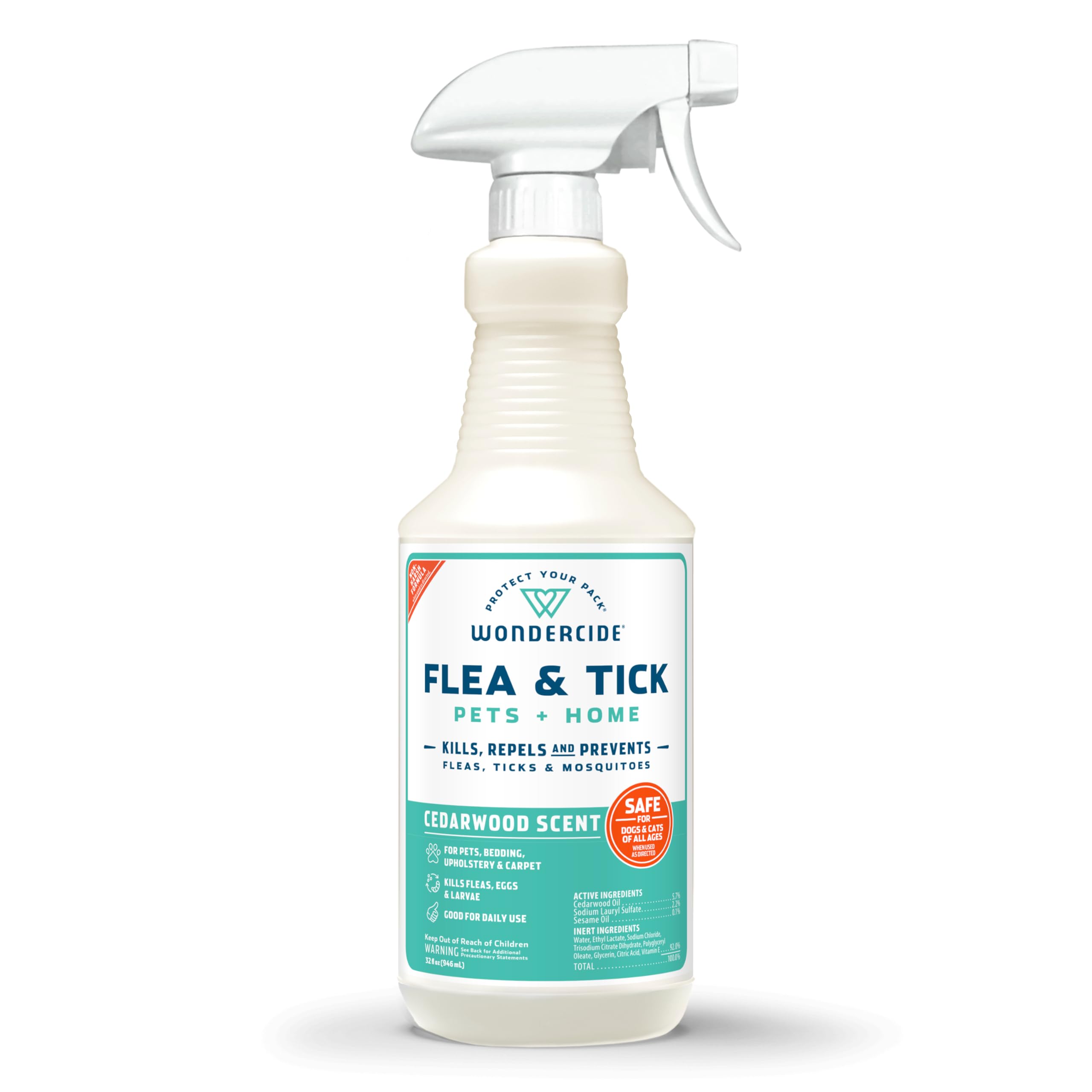 Wondercide flea tick spray bottle closeup showing pet-safe protection