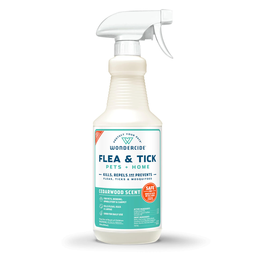 Wondercide flea tick spray bottle closeup showing pet-safe protection