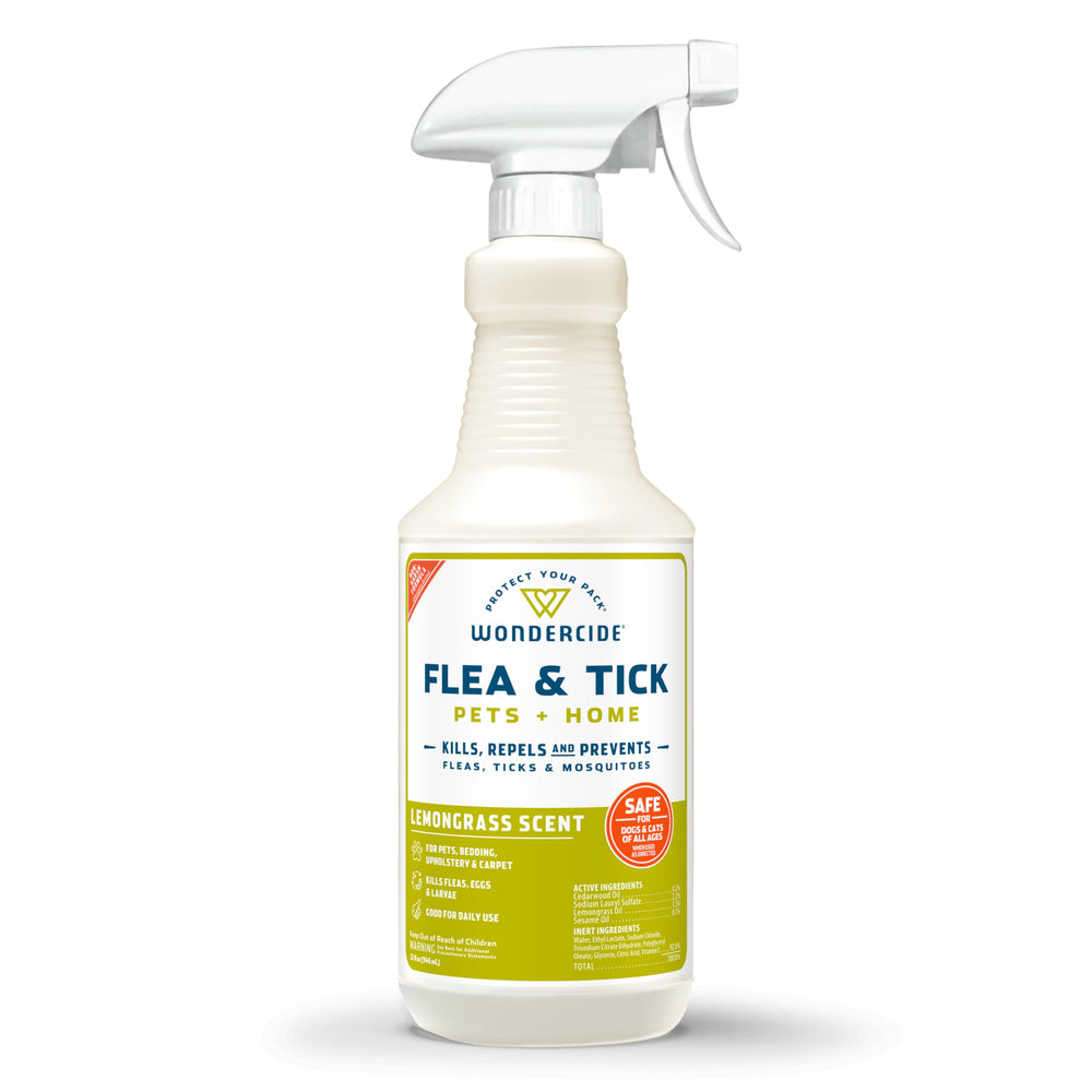 Wondercide lemongrass spray bottle for easy application and pet-safe protection.