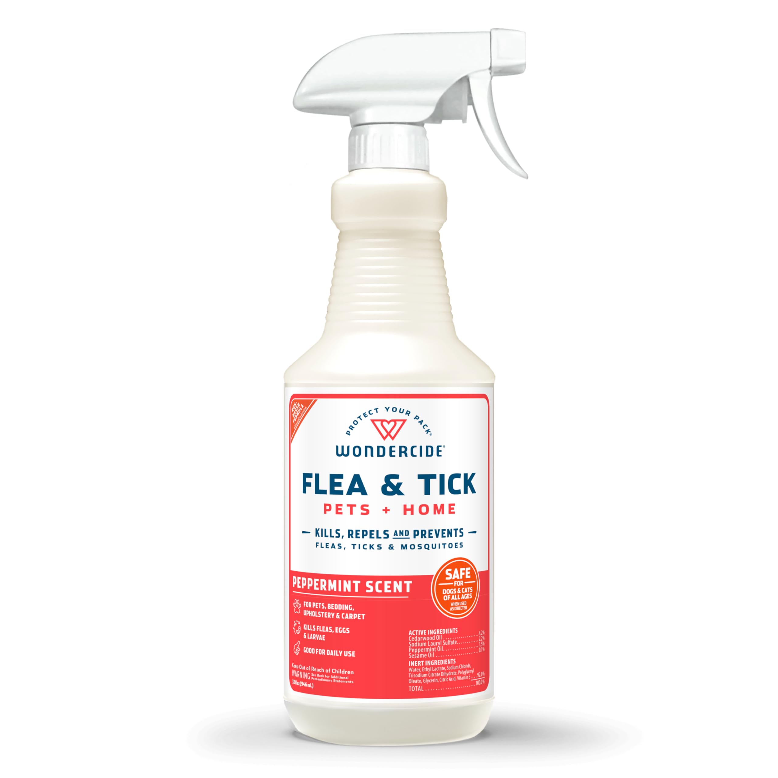 Wondercide peppermint flea tick spray bottle visible, offering natural protection for pets and home.