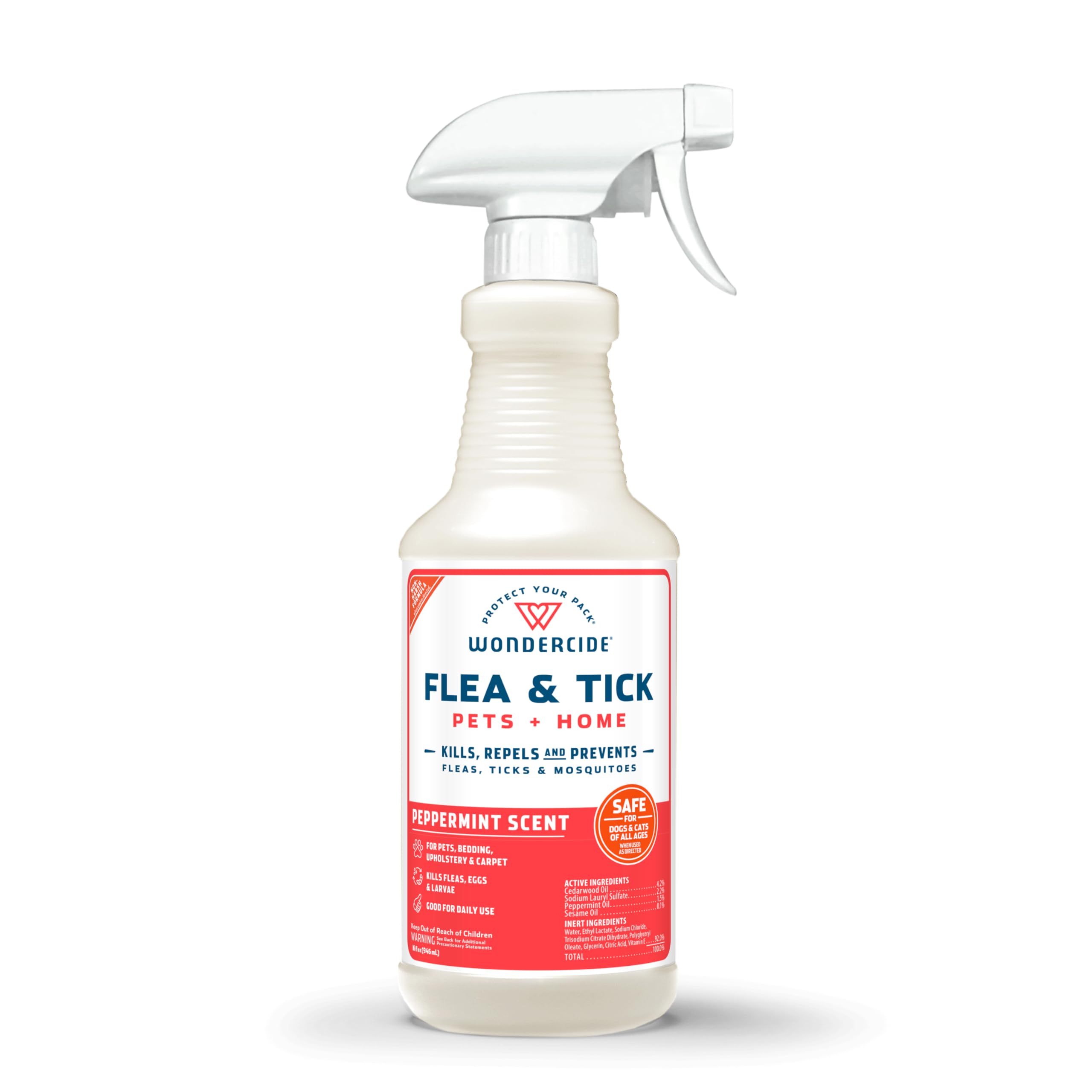 Wondercide peppermint spray bottle for pets supports natural flea and tick prevention.