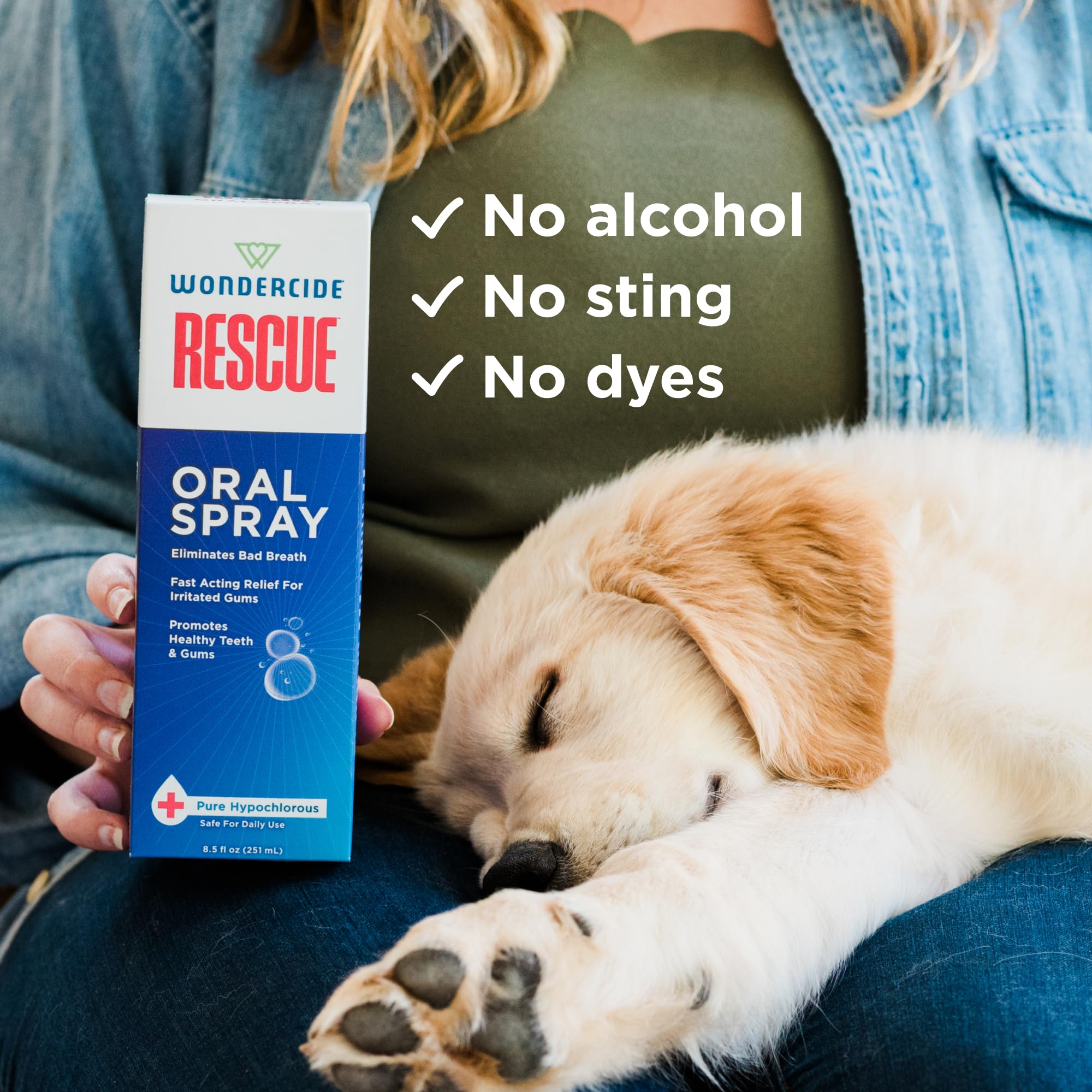 Wondercide Rescue lick-safe daily-use spray supports consistent oral care.