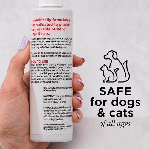 Wondercide Rescue oral spray bottle closeup showing alcohol-free formula for gentle mouth care.