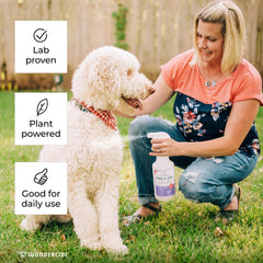 Wondercide Rosemary application on a dog coat for gentle protection.