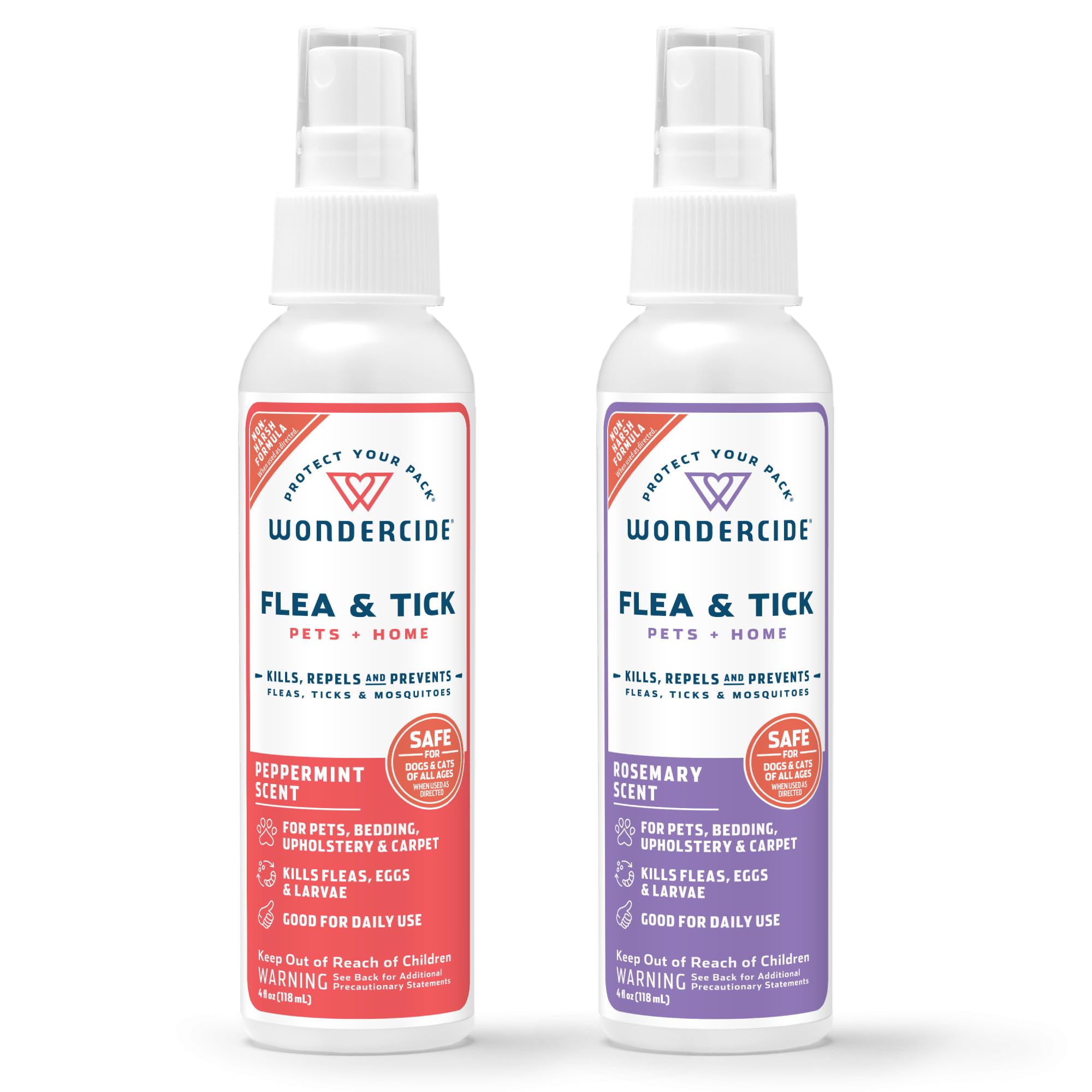 Wondercide spray bottle close-up demonstrates Peppermint Rosemary formula for natural flea and tick protection.
