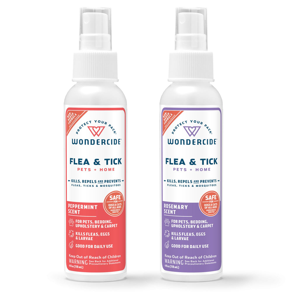 Wondercide spray bottle close-up demonstrates Peppermint Rosemary formula for natural flea and tick protection.