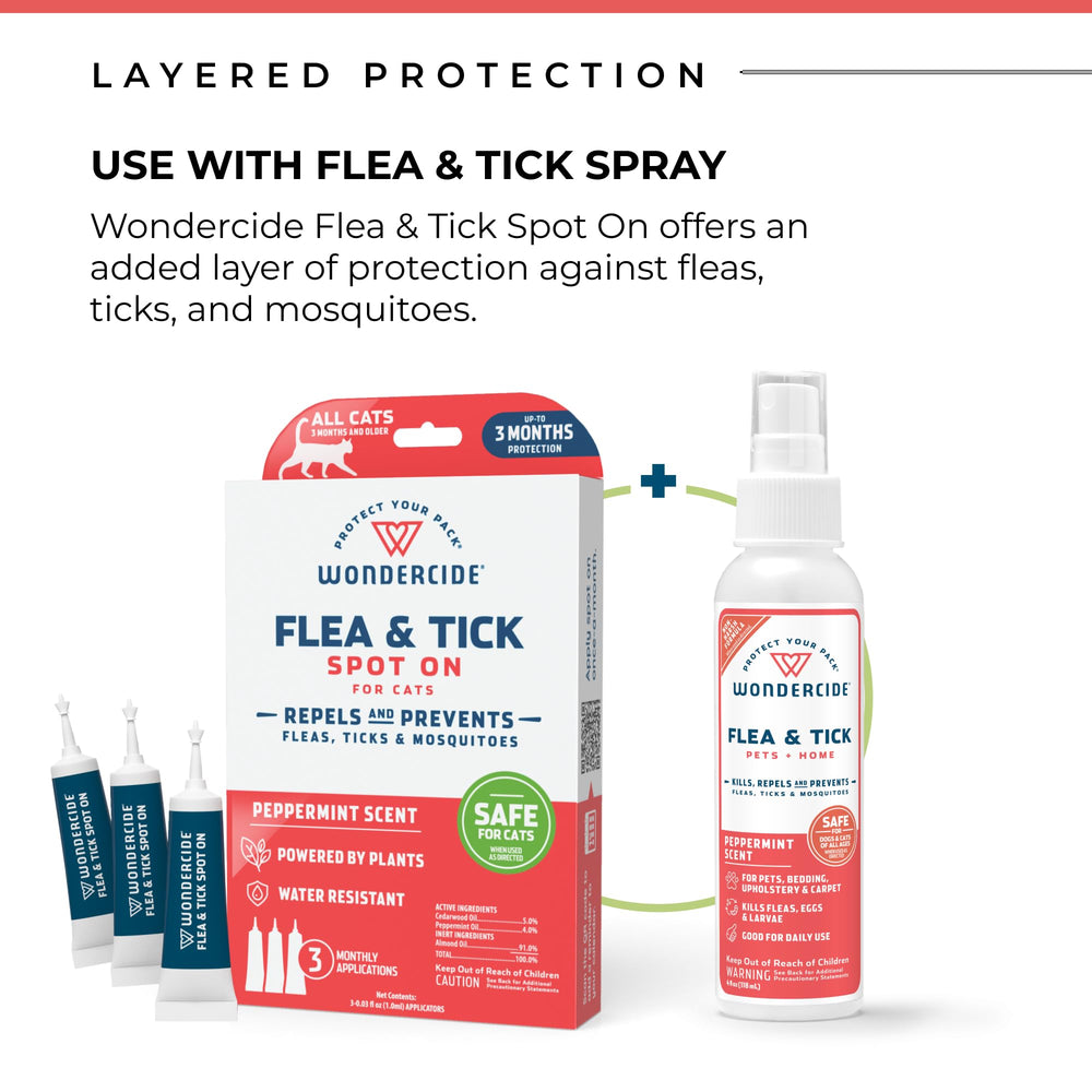 Wondercide water-resistant spot-on bottle signaling lasting protection after baths.