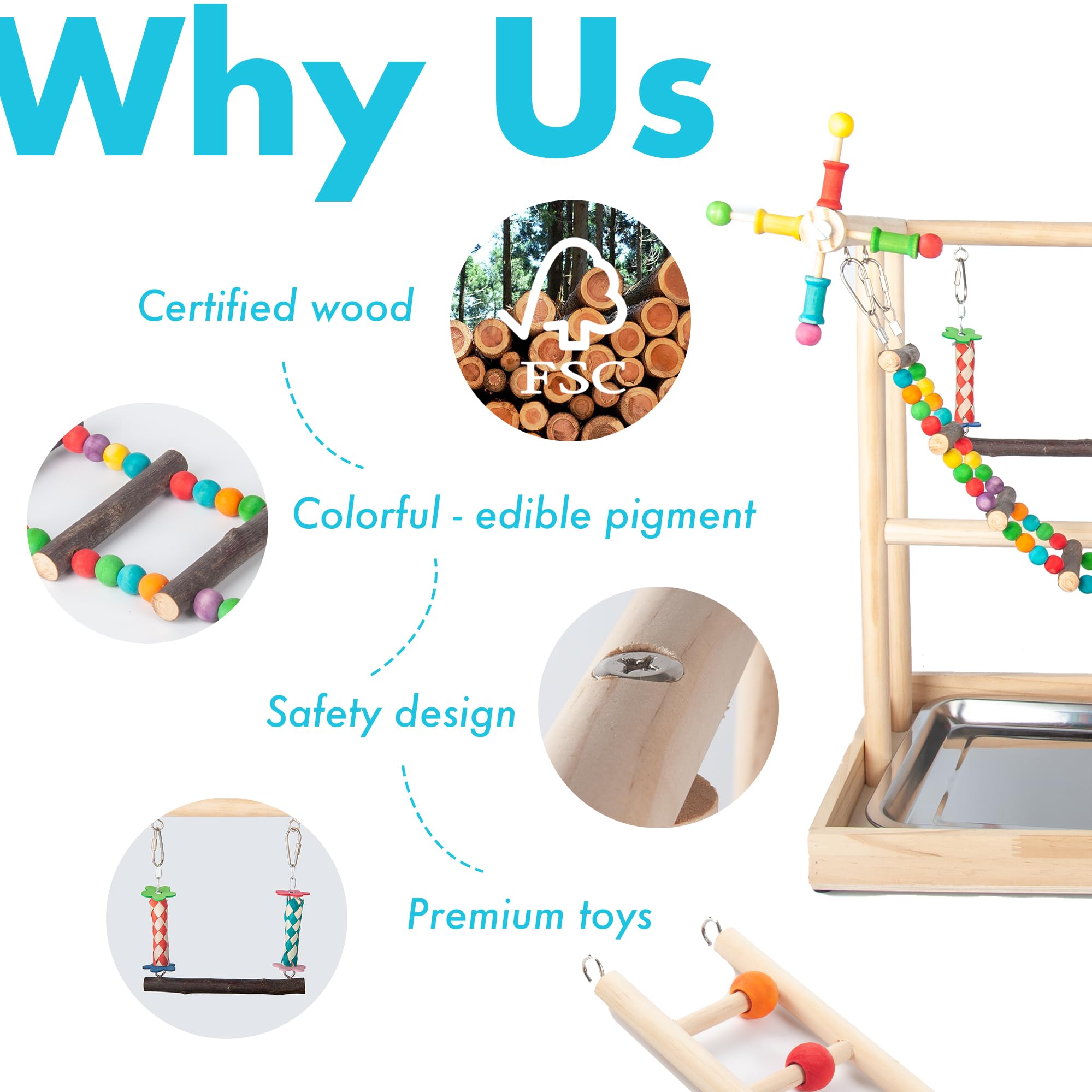 Wondwo bird stand close-up highlights smooth wood finish and chew toys.
