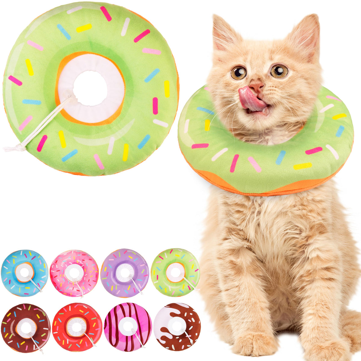 WONONE donut collar on a green cat provides gentle recovery and lick prevention.