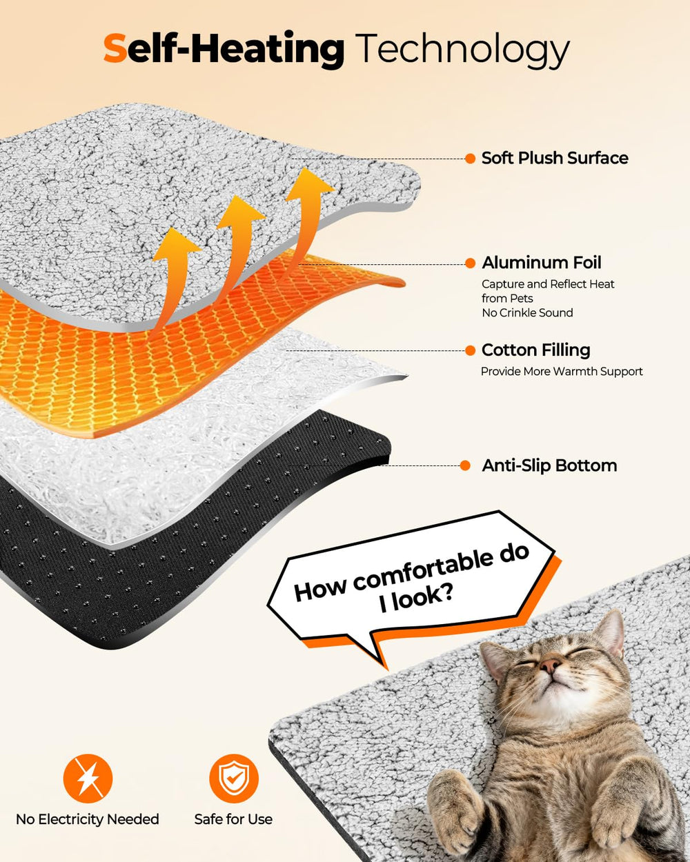 WONONE self-warming pad offers a silent, crinkle-free surface on non-slip bottoms.