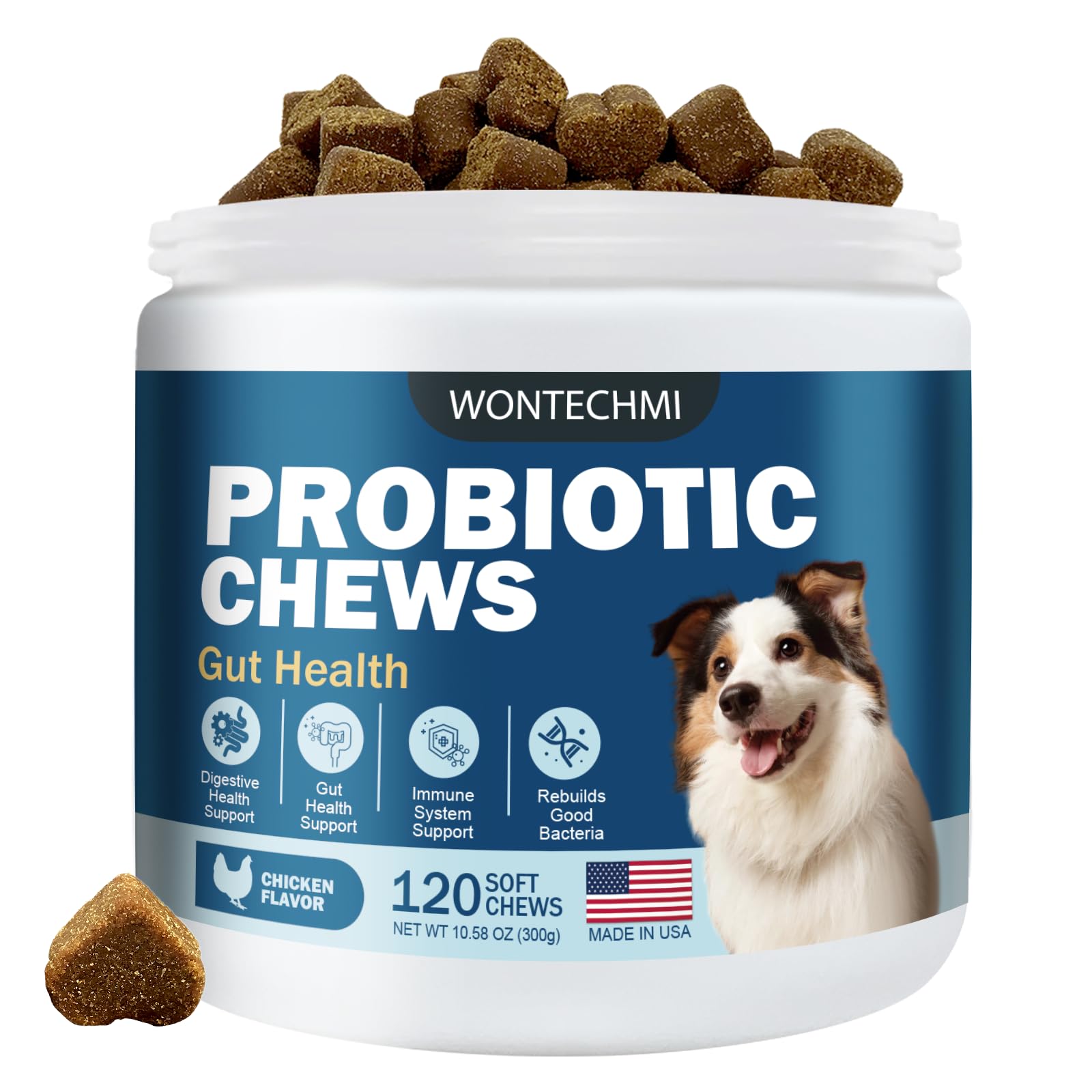 WONTECHMI Probiotics for Dogs bottle packaging showing premium ingredients and easy dosing.
