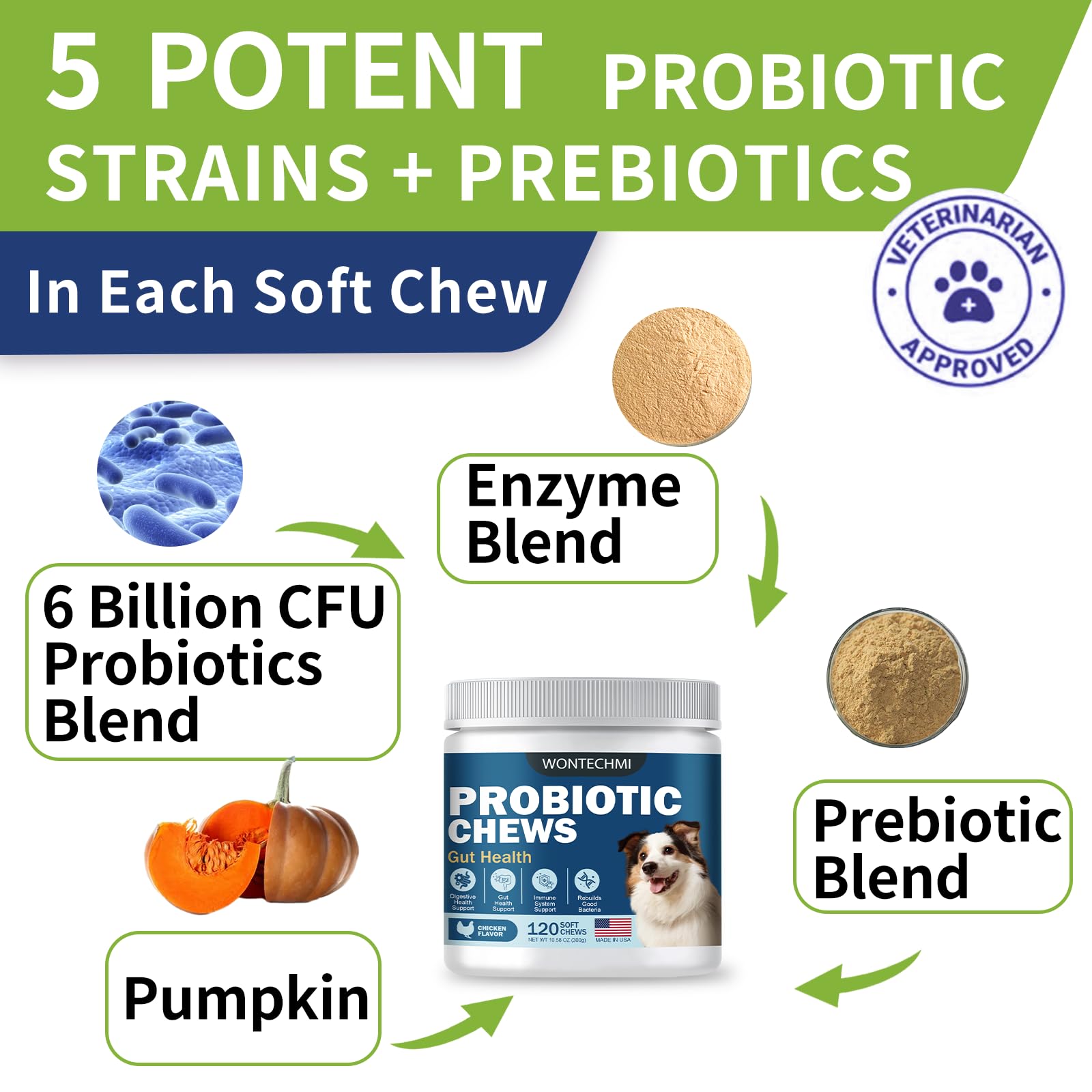 WONTECHMI Probiotics for Dogs premium ingredients listed on packaging.