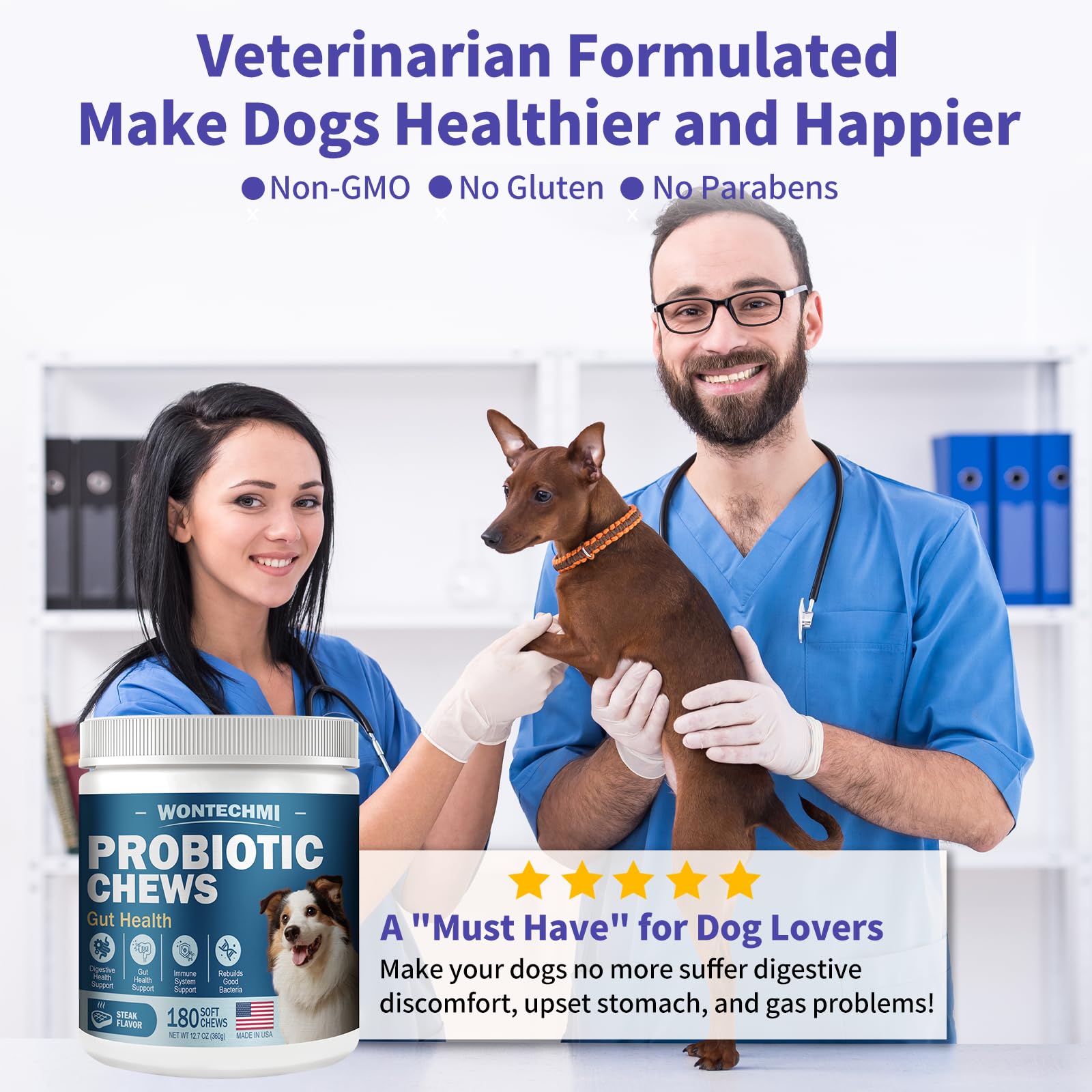 WONTECHMI USA-made dog probiotics visual designed for reliable gut health and vitality.