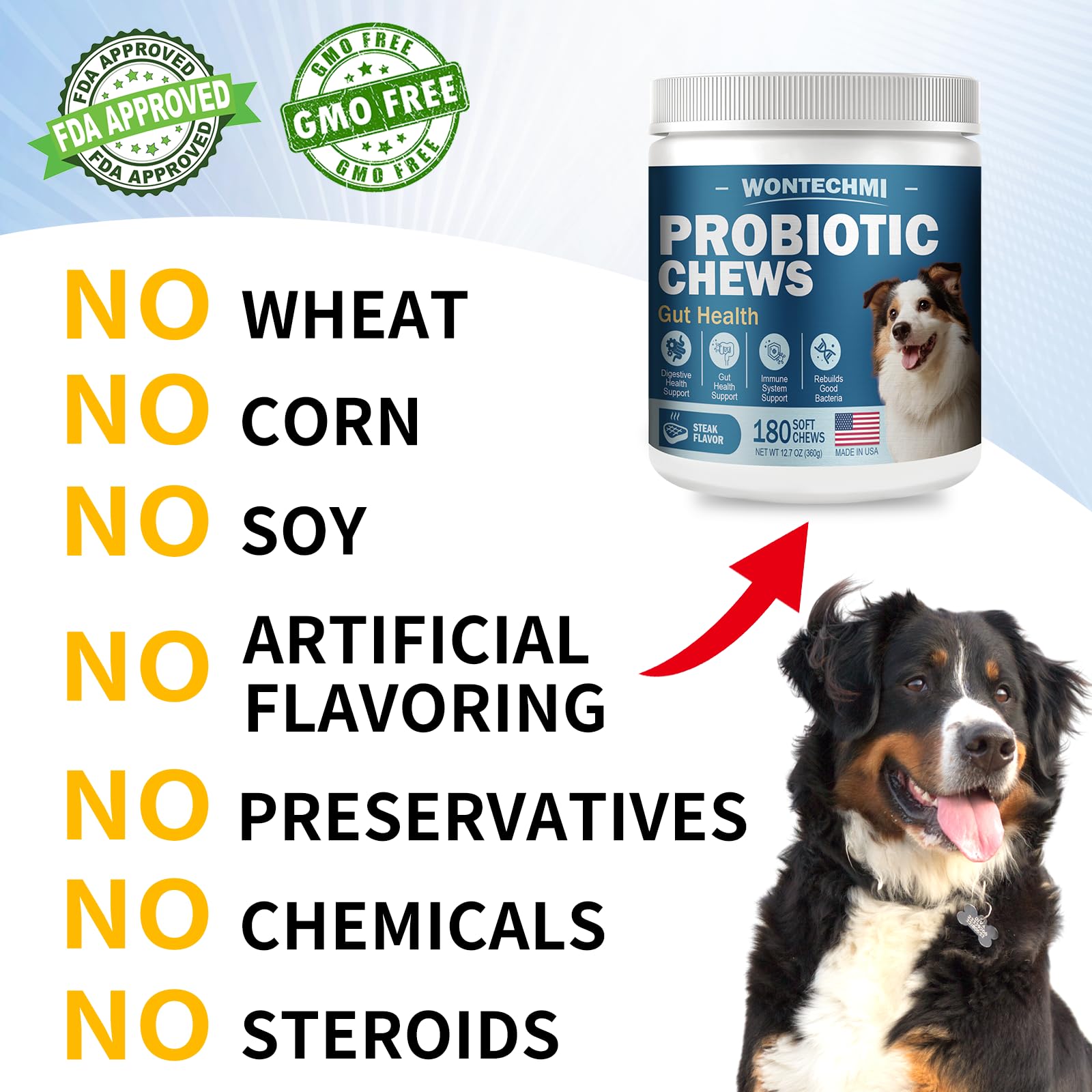 WONTECHMI probiotics for dogs image emphasizing immune wellness and allergy-friendly care.