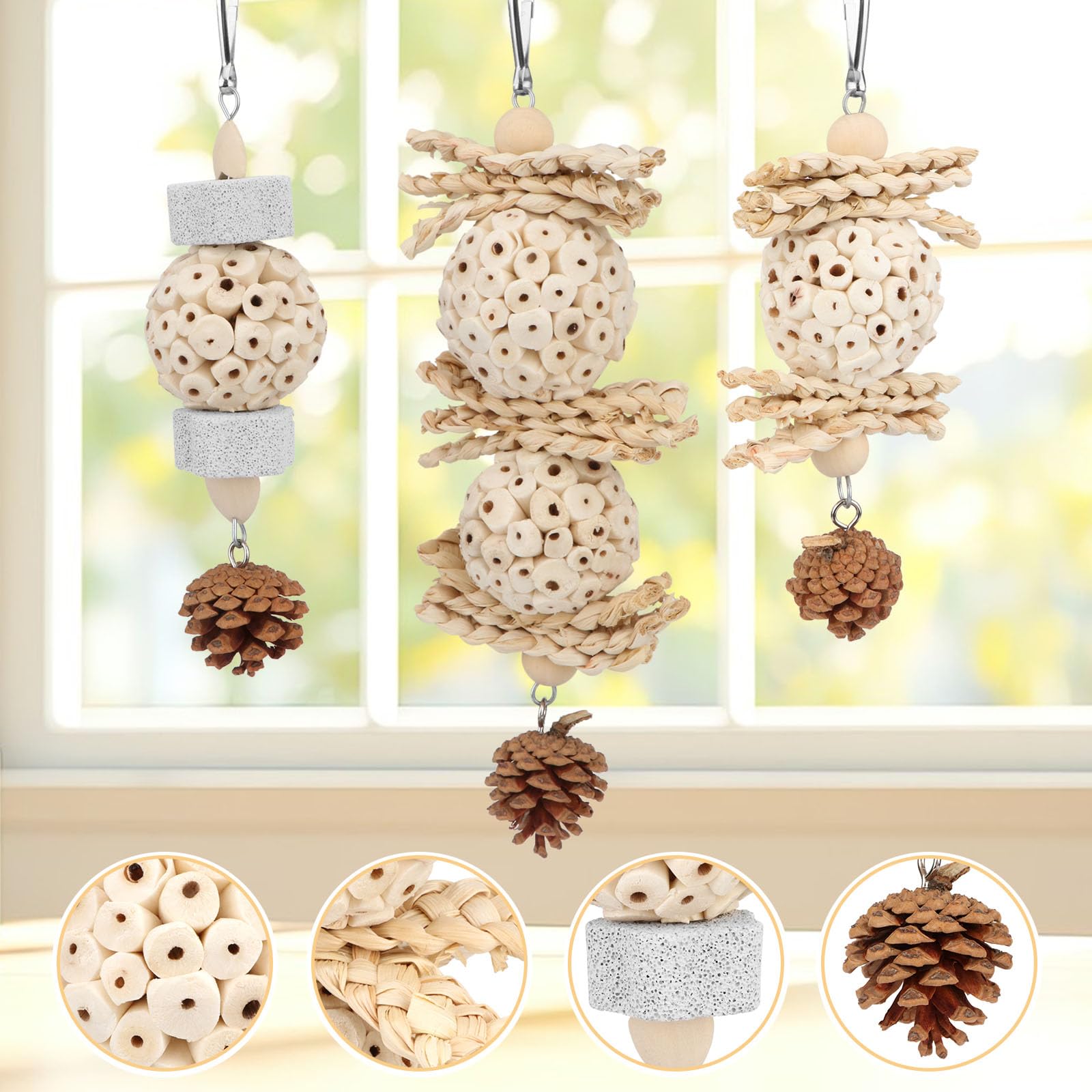 Wontee bird toys-hanging-toy-in-cage demonstrates hanging play and enrichment.