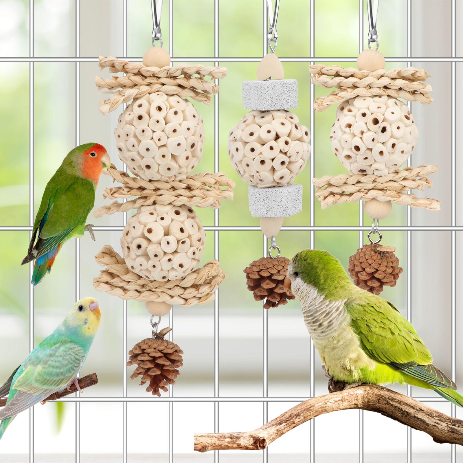 Wontee bird toys sola-ball-closeup shows natural chew and foraging.