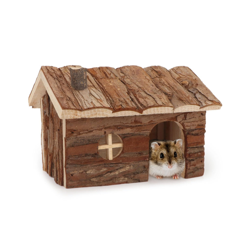 Wontee hamster wood house front view shows a cozy hideout for small pets.