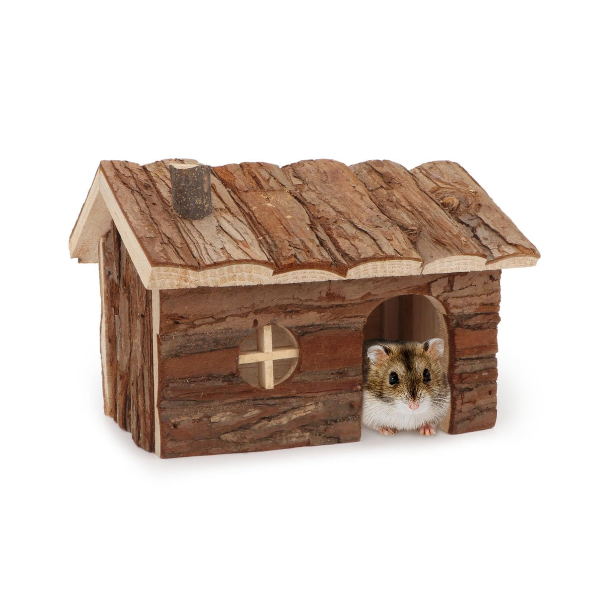 Wontee hamster wood house front view shows a cozy hideout for small pets.