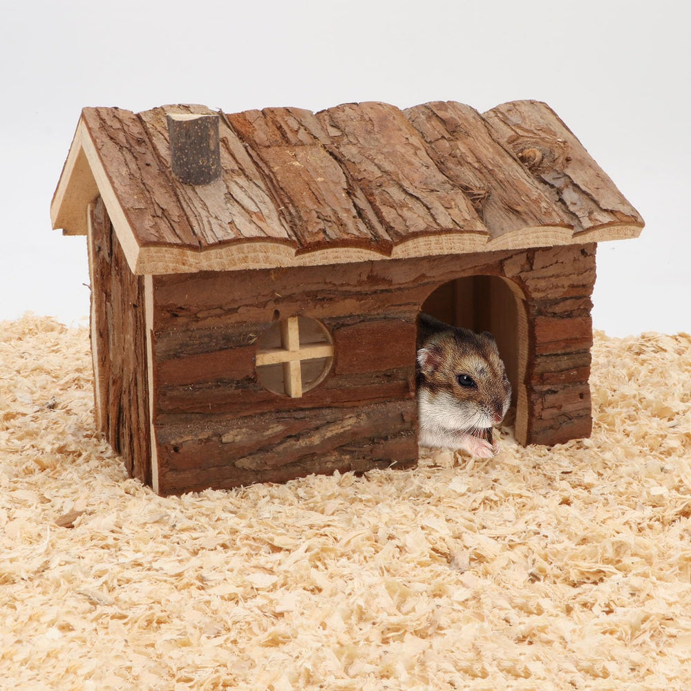 Wontee wood house in cage with hamster demonstrates space-efficient hideout.