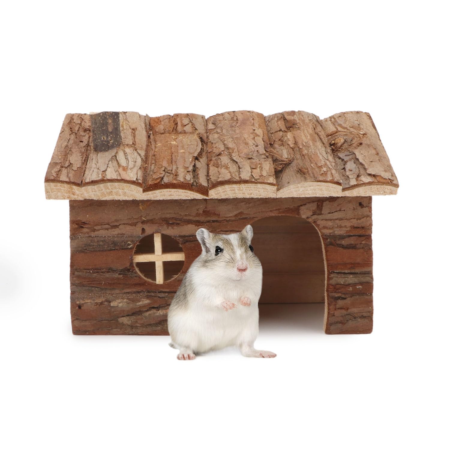 Wontee hamster wood house side view highlights compact habitat for tiny companions.