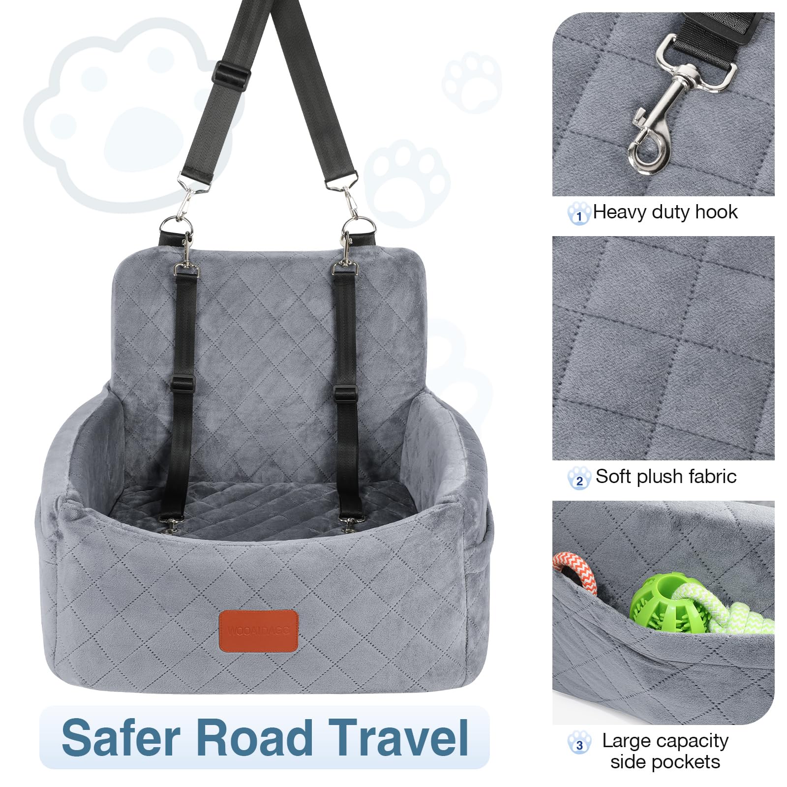 Wooaidagg dog car seat adjustable straps showcased for secure travel.