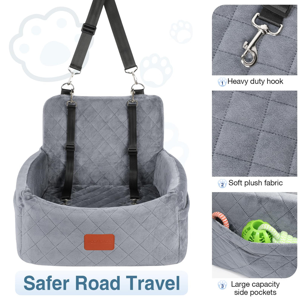 Wooaidagg dog car seat adjustable straps showcased for secure travel.