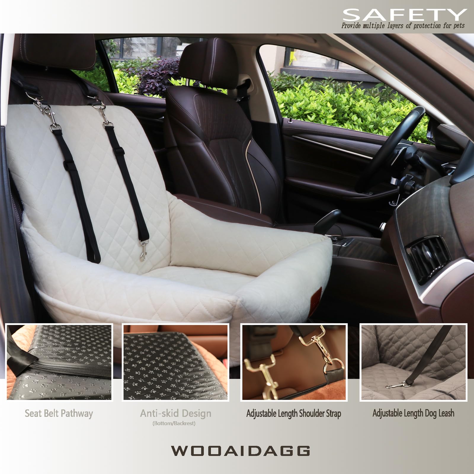 Wooaidagg dog car seat with adjustable straps for a secure fit.