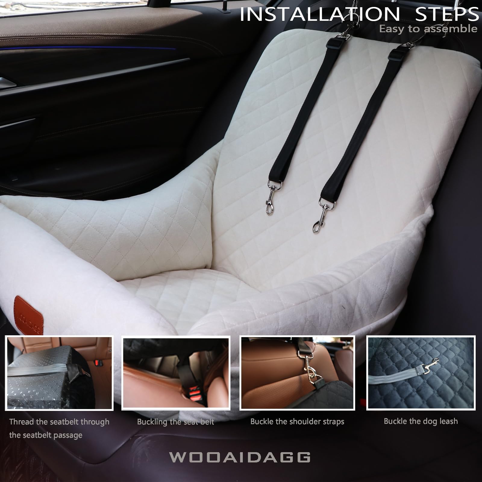 Wooaidagg dog car seat demonstrating easy installation in a car.