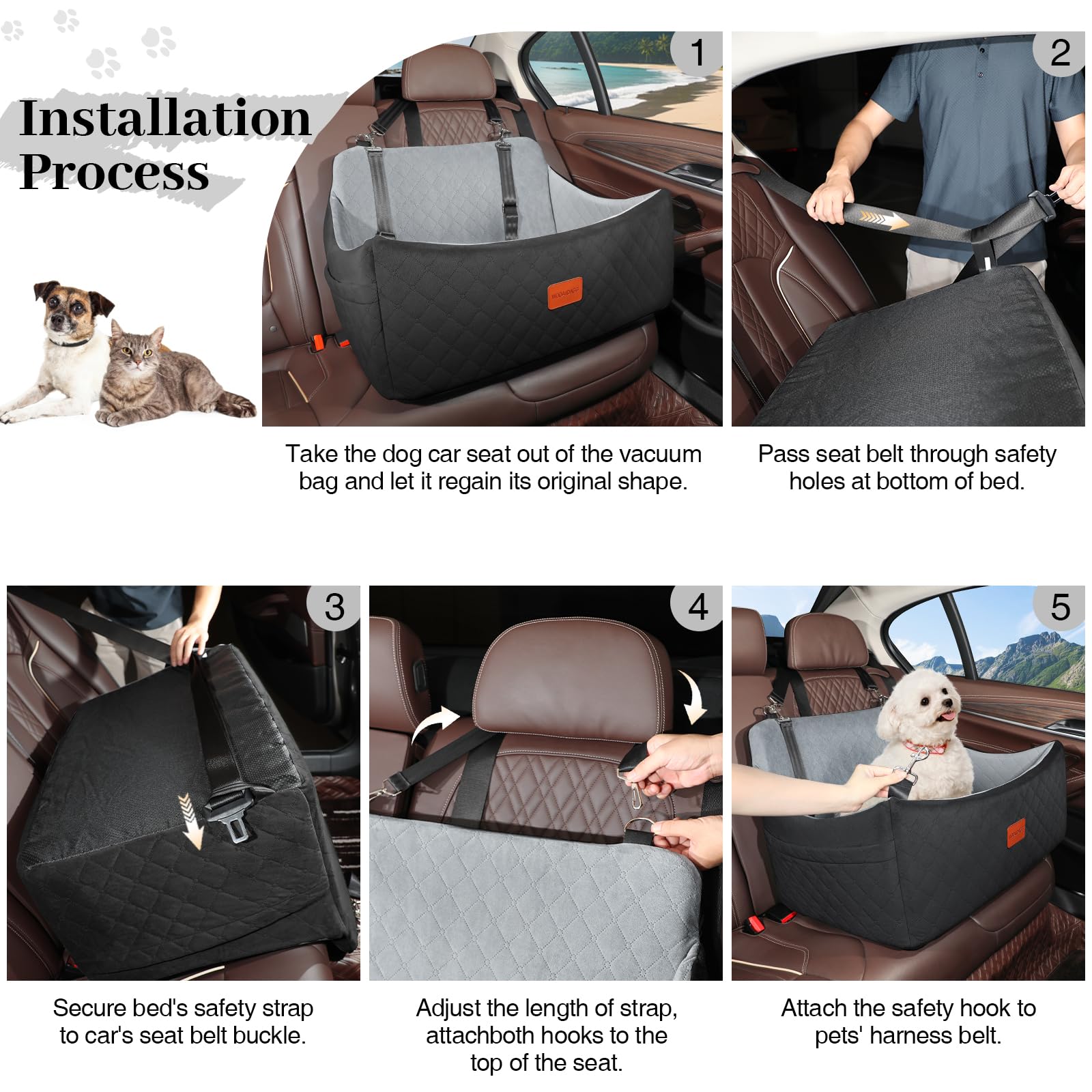 Wooaidagg dog car seat side-storage-pockets hold treats and leashes within reach.