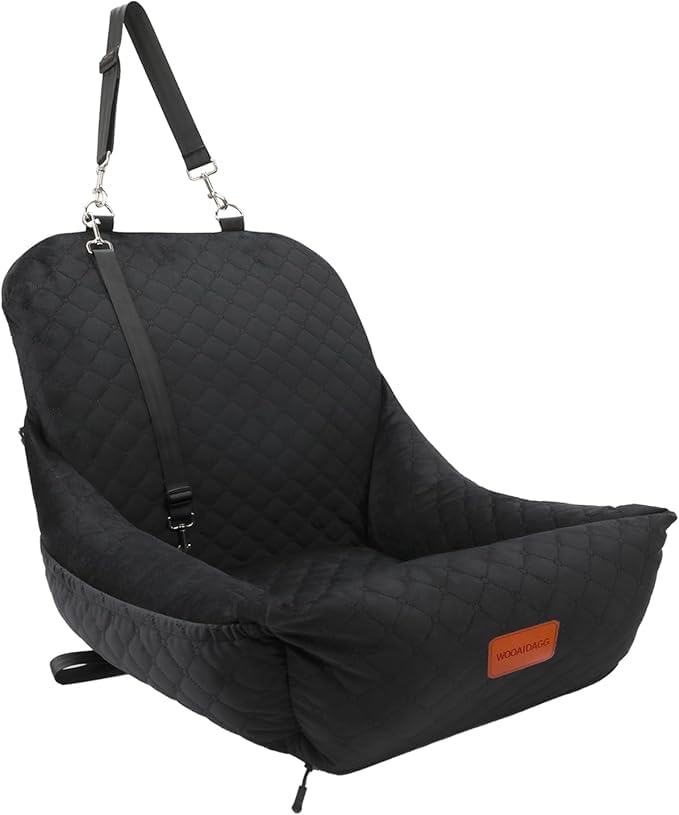 Wooaidagg dog seat front view shows plush comfort and secure fit for small dogs