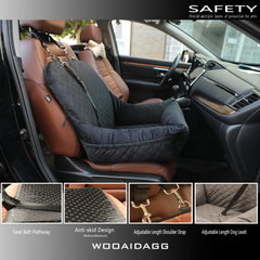 Wooaidagg dog seat in car demonstrates compatibility with most small pets
