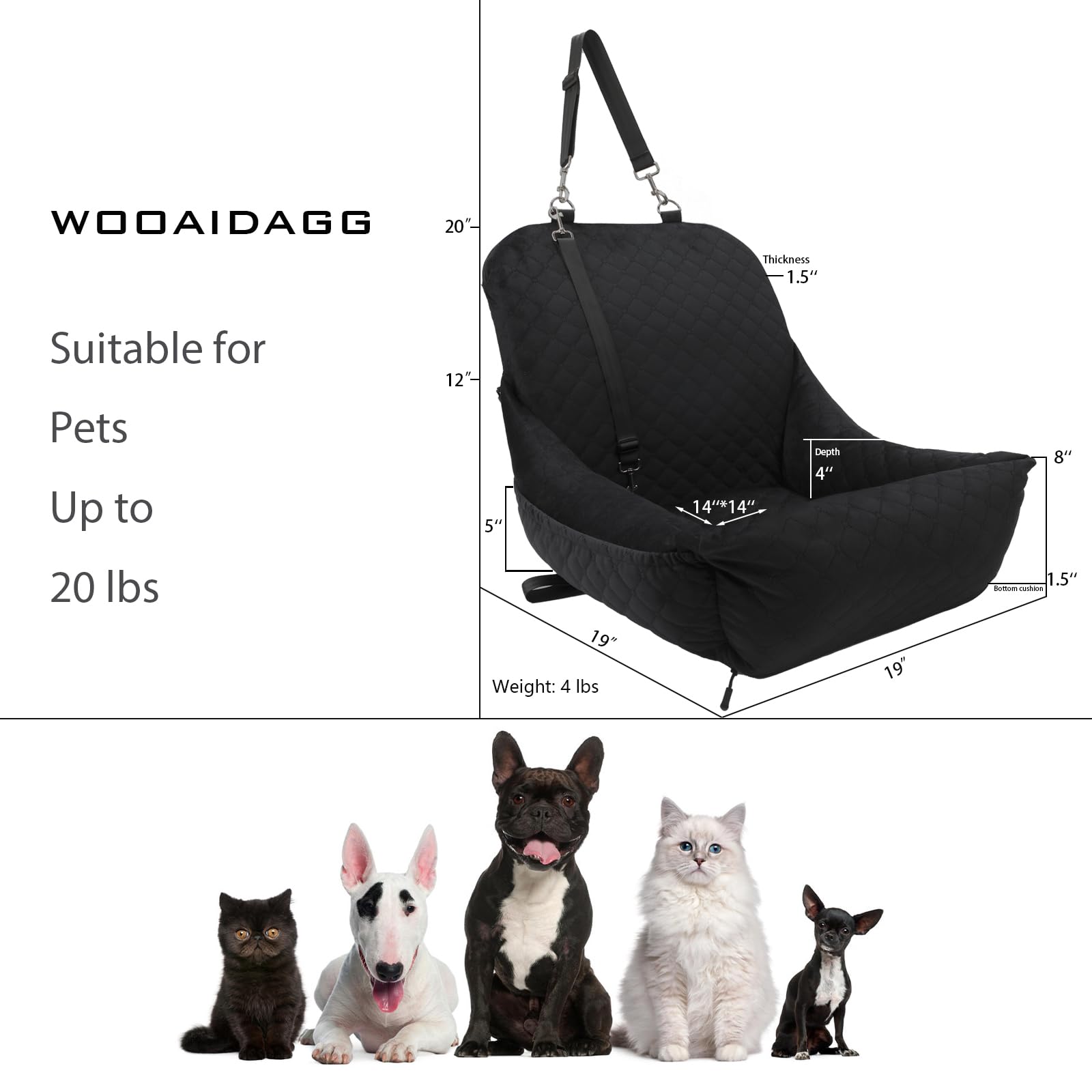 Wooaidagg dog seat side view highlights memory foam support for anxious dogs