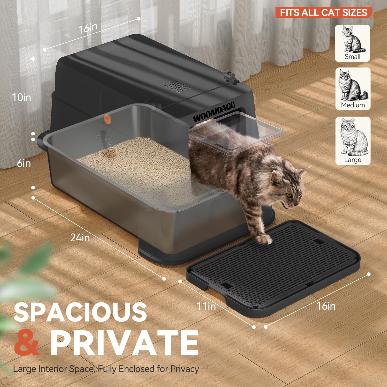 Wooaidagg drawer-pull-out tray enables quick scooping and litter replacement.