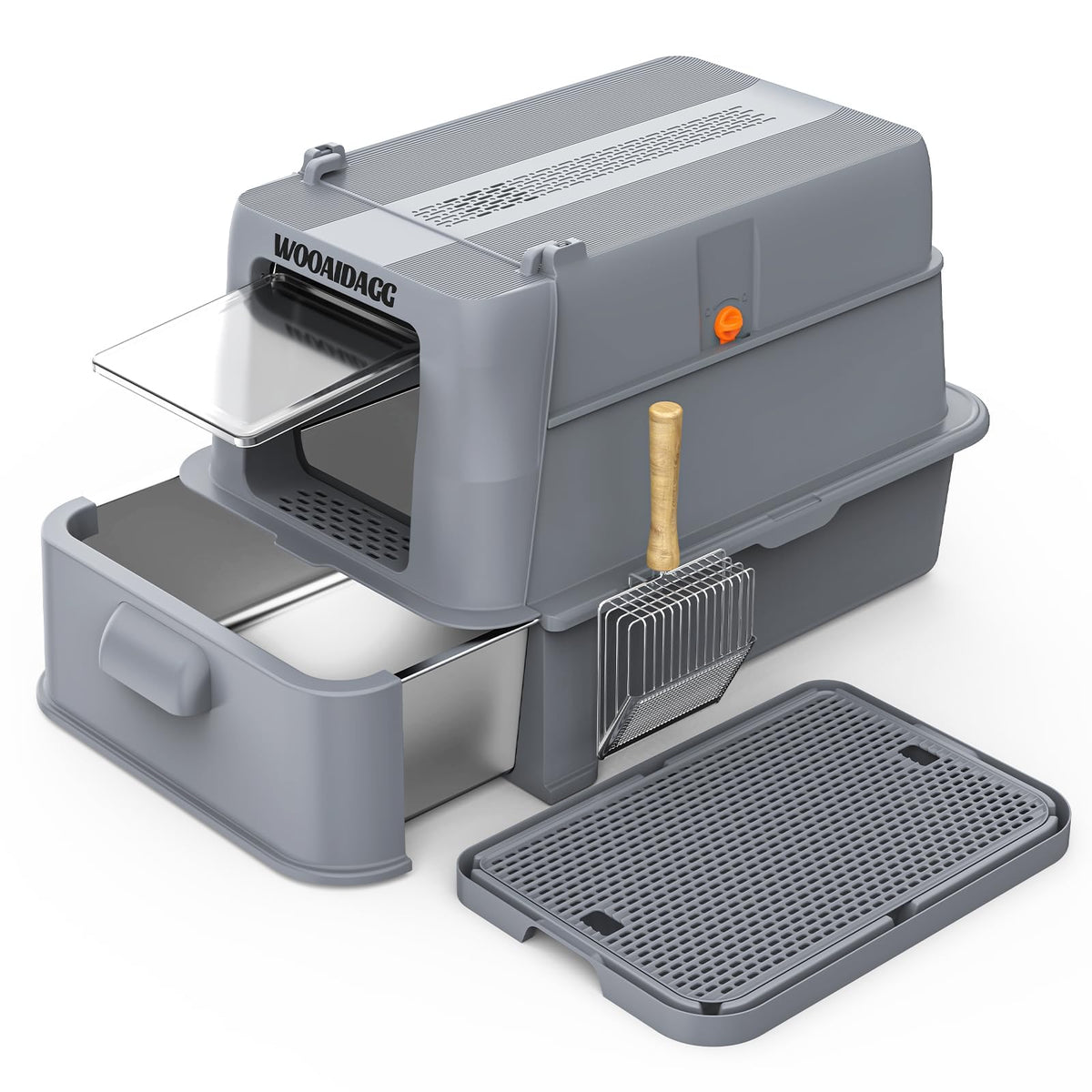 Wooaidagg enclosed stainless-steel litter box with drawer for easy scooping and mess-free maintenance.