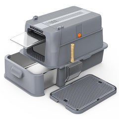 Wooaidagg enclosed stainless-steel litter box with drawer for easy scooping and mess-free maintenance.