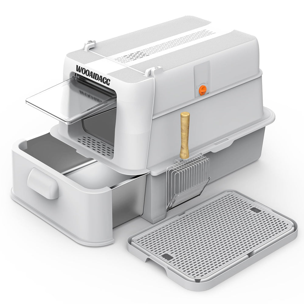 Wooaidagg enclosed stainless-steel litter box with smooth interior for quick cleaning and private cat potty.