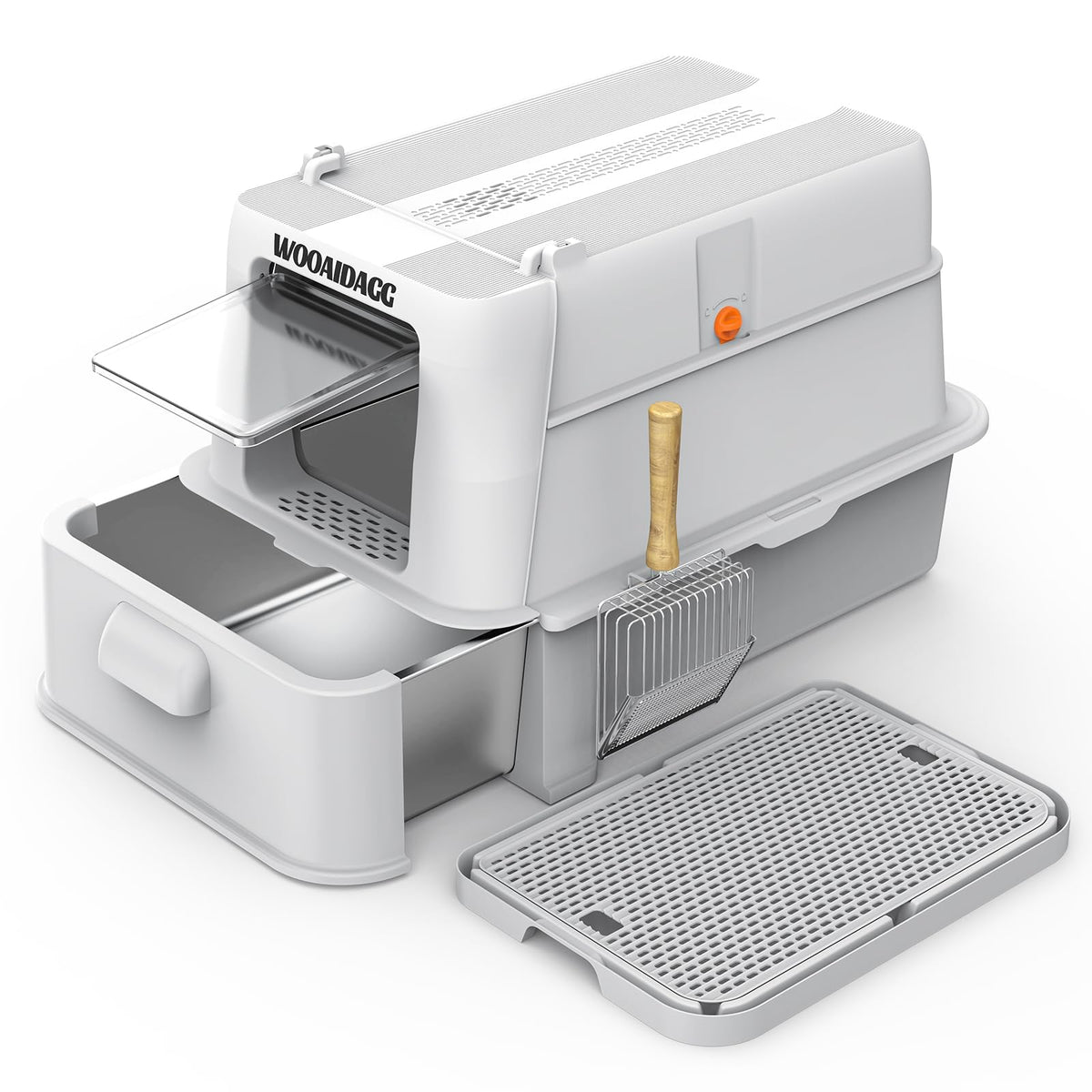 Wooaidagg enclosed stainless-steel litter box with smooth interior for quick cleaning and private cat potty.