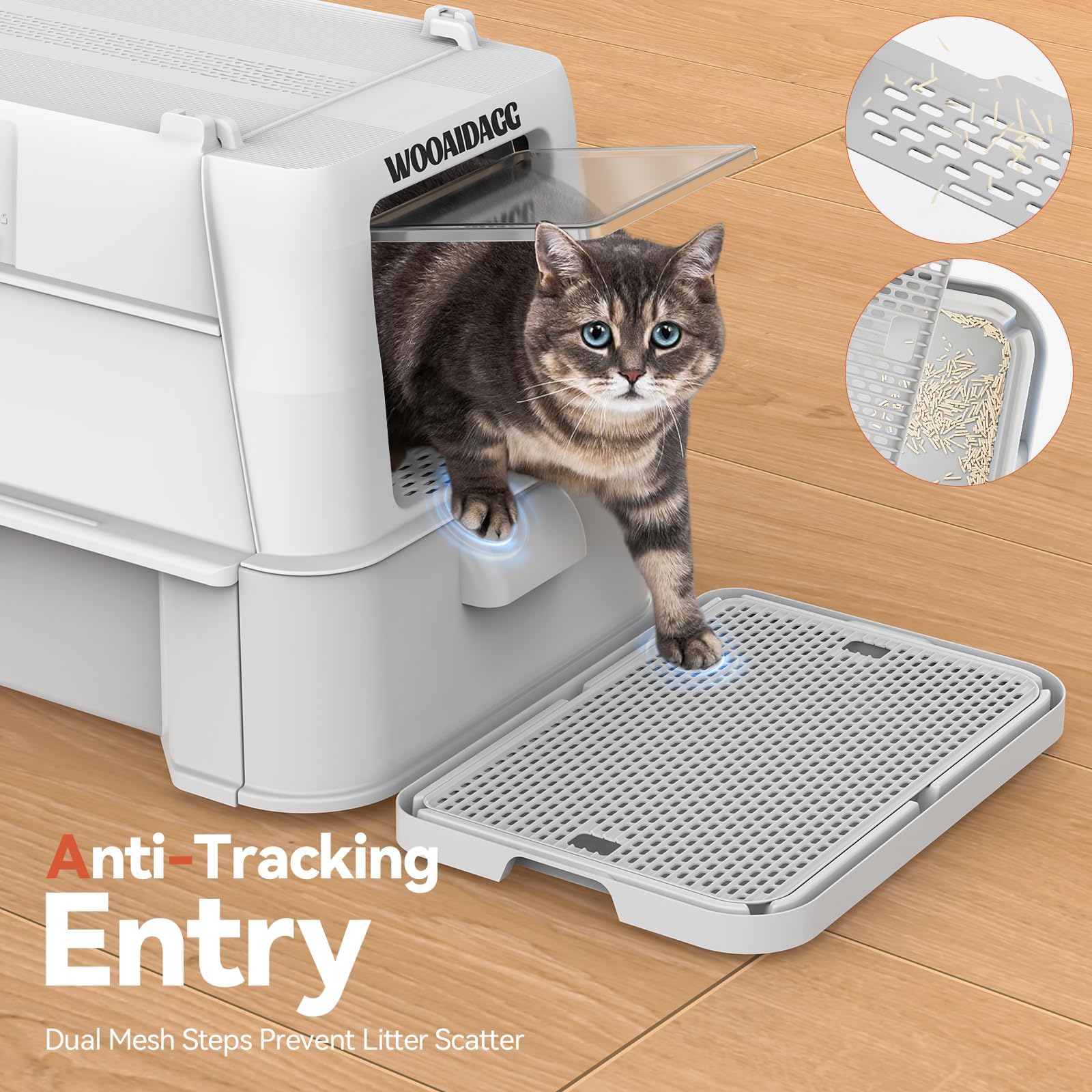 Wooaidagg light-gray enclosure provides a modern look and private potty space.