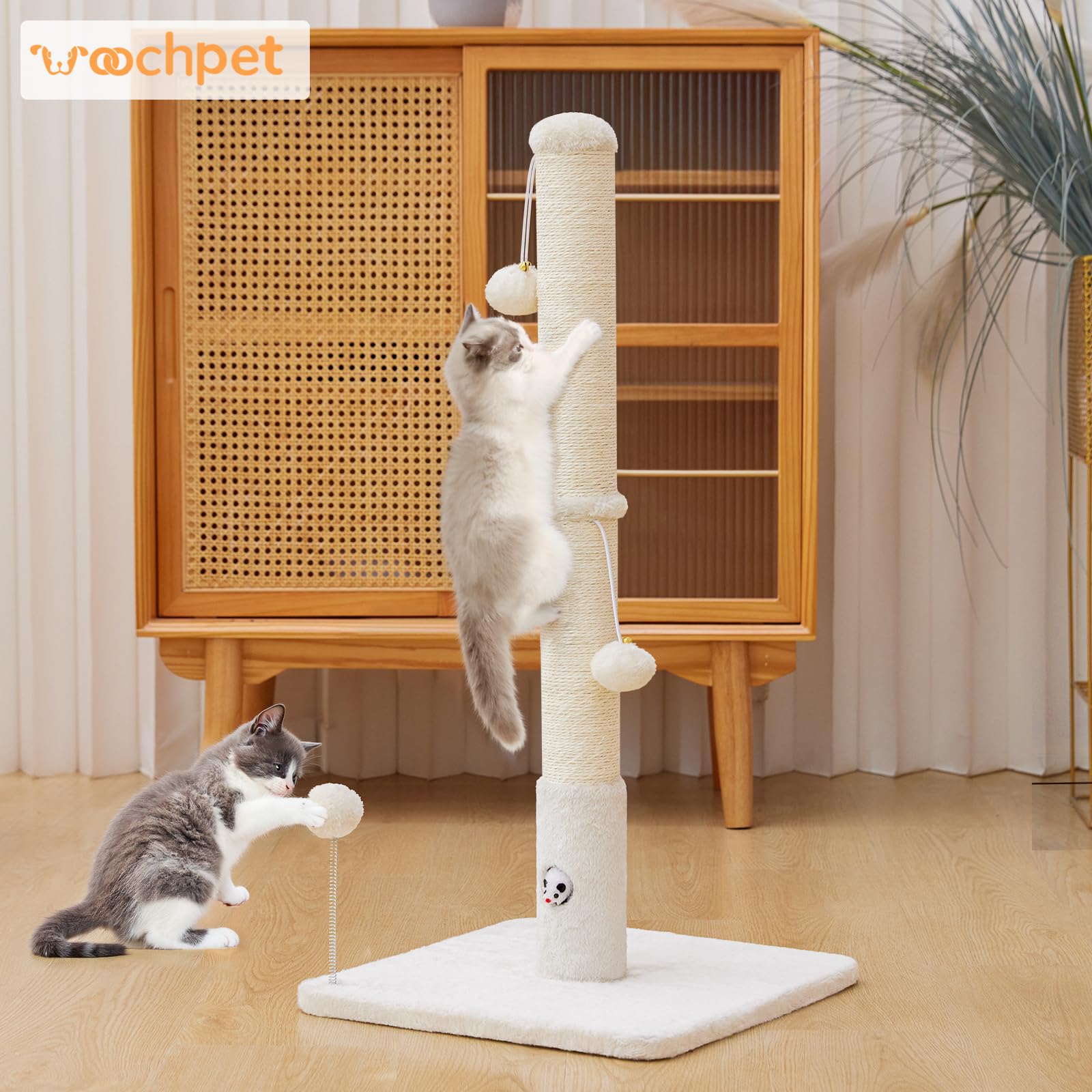 Woochpet cat scratch post saves space with compact design.