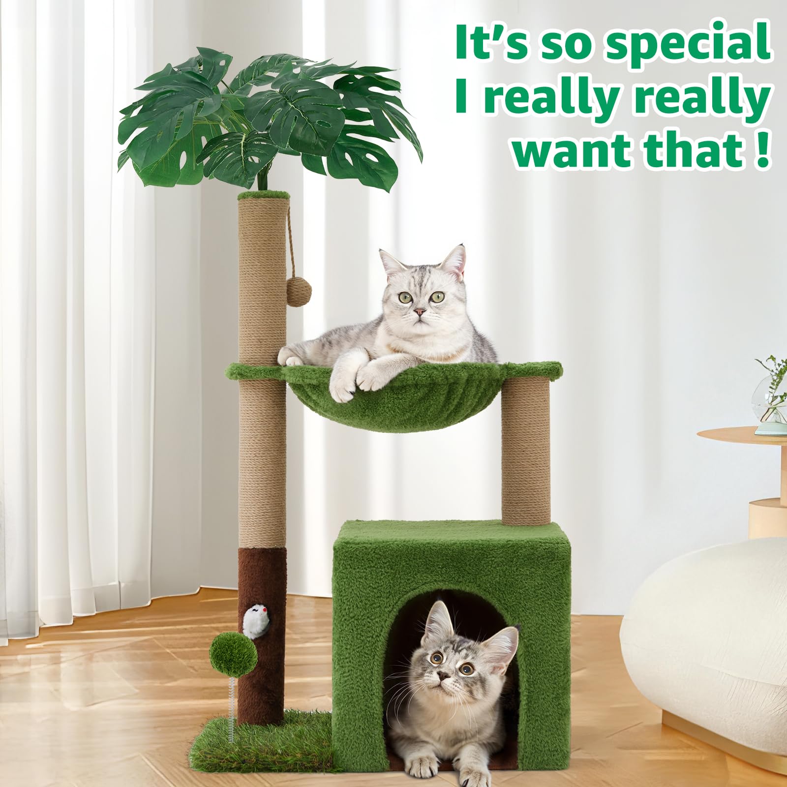 Woochpet assembly-ready cat tree fits living rooms with easy setup.