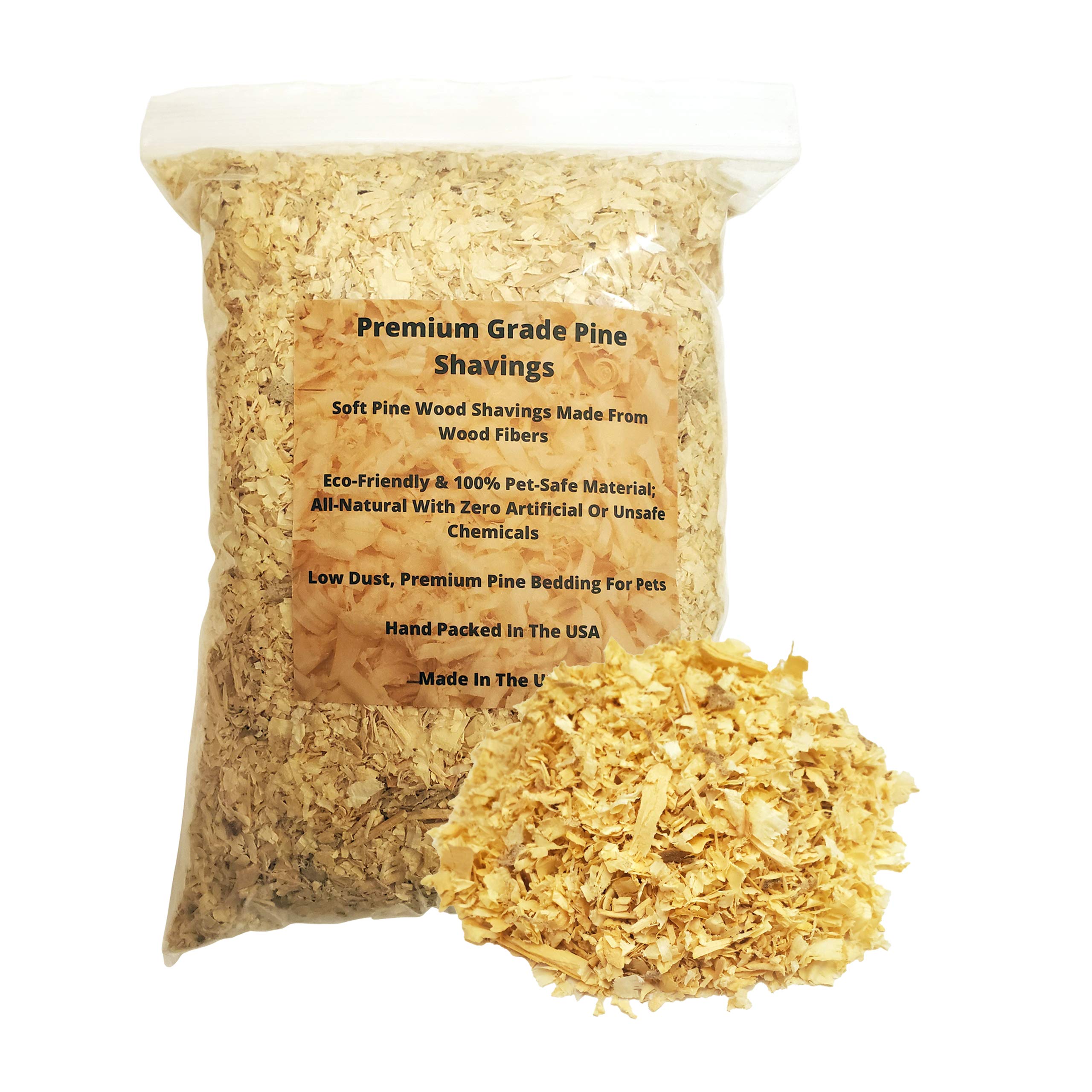Wood Smith USA Premium Pine Bedding 16 Qt bag closeup shows kiln-dried texture for cleanliness