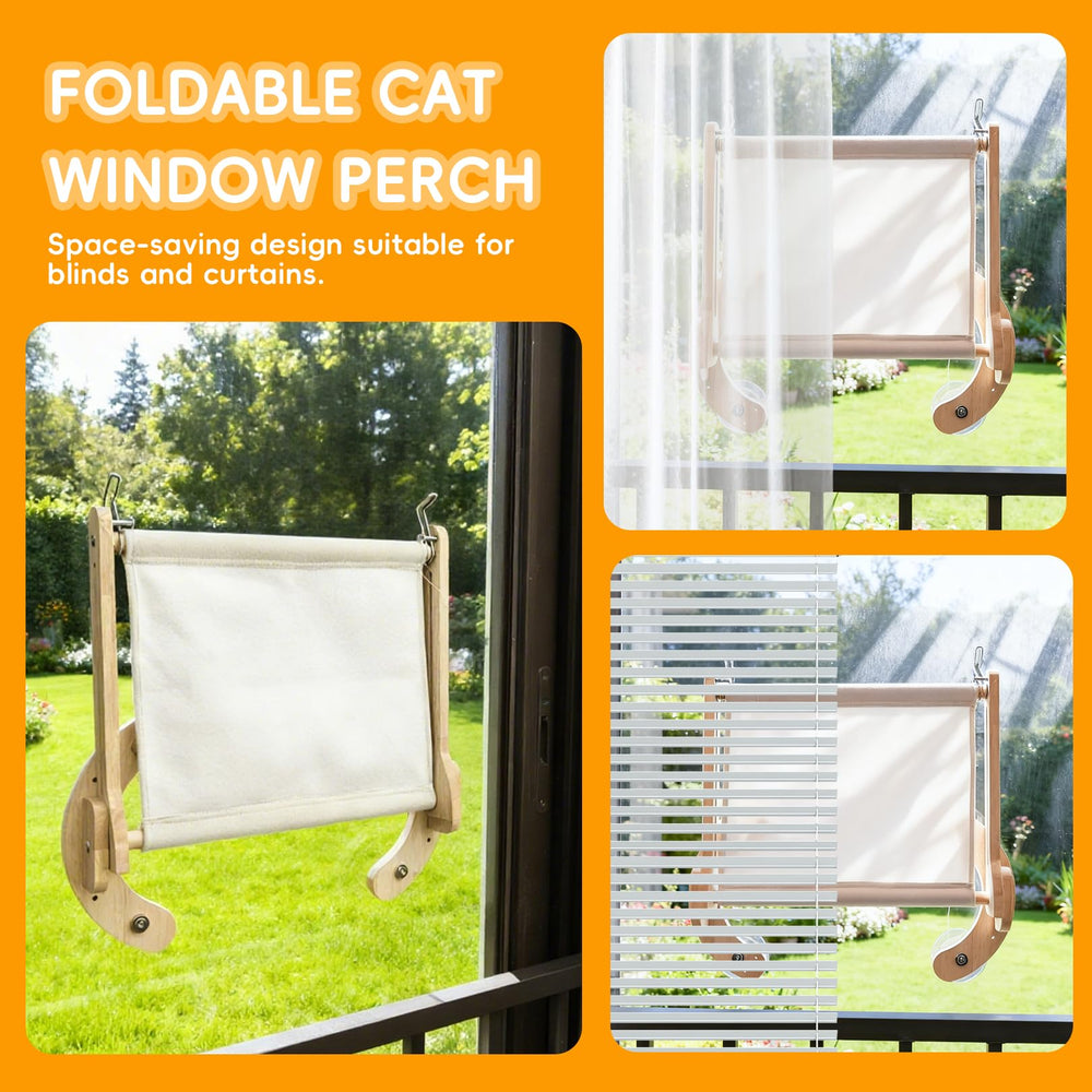 Wooden cat window perch bed setup with fleece cover for cozy naps
