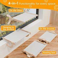 Wooden cat window perch hammock use demonstrates resting and viewing position