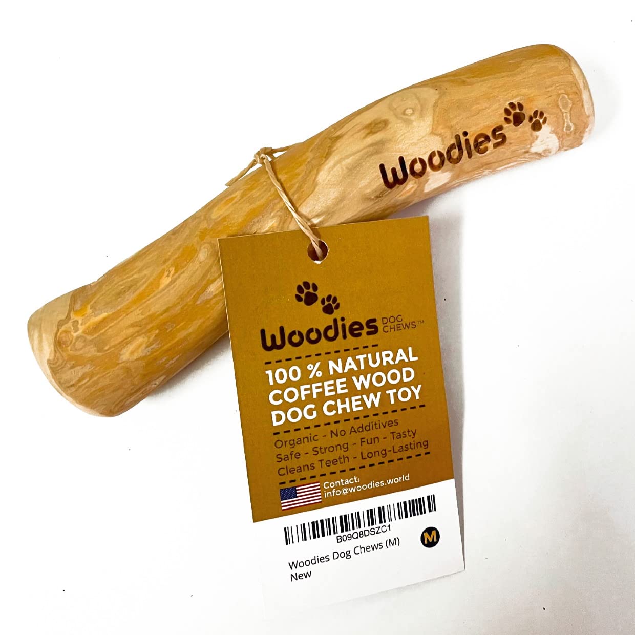 Woodies Dog Chews XL packshot shows a durable coffee wood toy for large dogs.