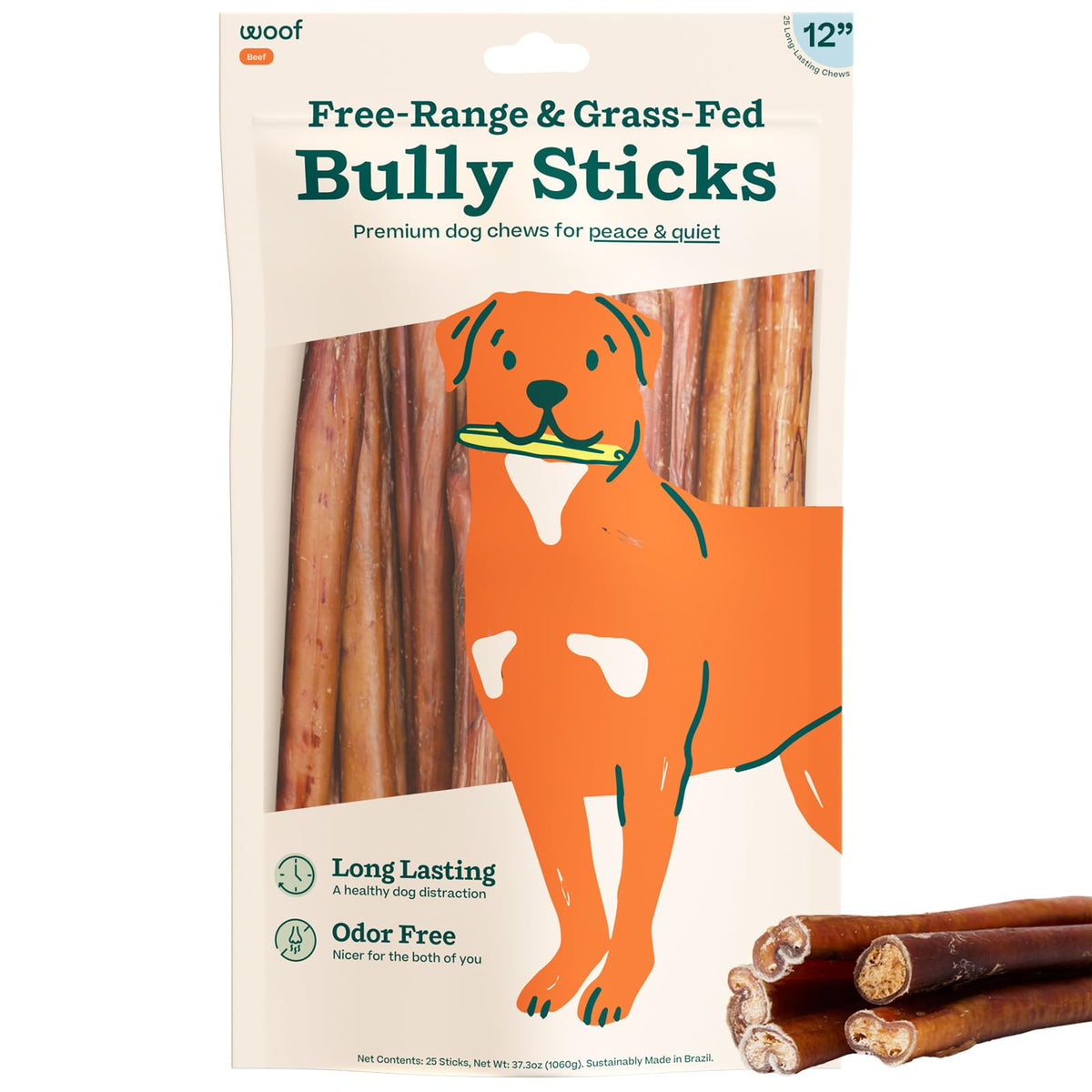 WOOF Bully Sticks 12in pack offers long-lasting dog chew.