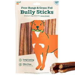 WOOF Bully Sticks 12in pack offers long-lasting dog chew.