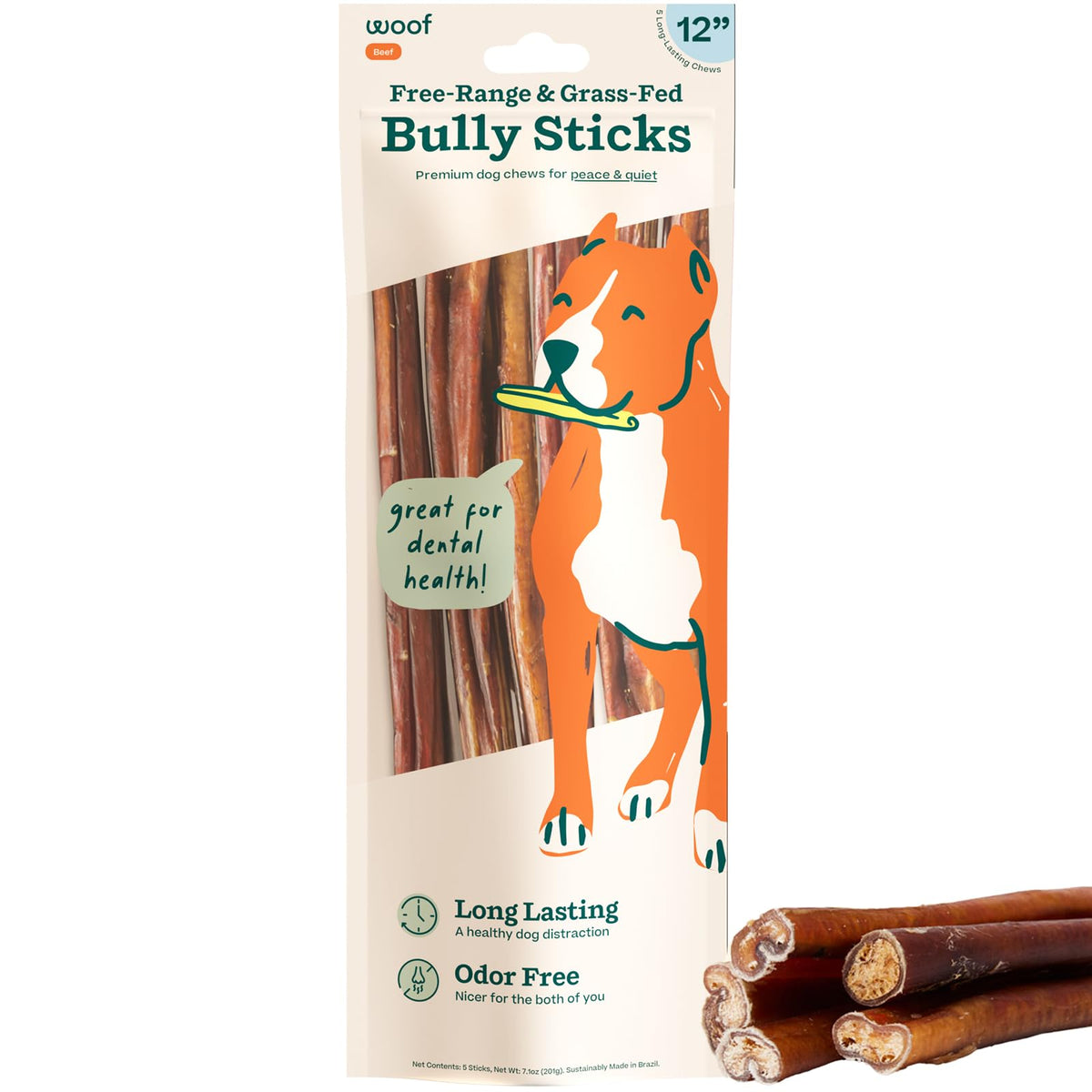 WOOF bully sticks 12-inch pack offering long-lasting enrichment.