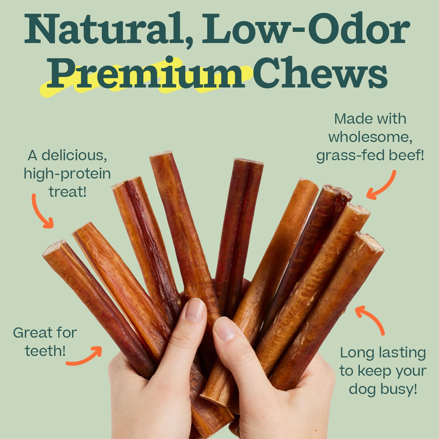 WOOF Bully Sticks may help scrape away plaque during chewing for cleaner teeth.